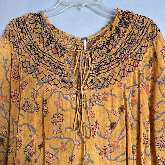 Free People Tunic Dress Keeping Up with Kara Orange Floral SHEER Boho Festival L - Picture 7 of 12